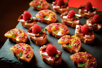 A gourmet selection of bruschetta appetizers topped with fresh strawberries, peach, mint, and cheese.
