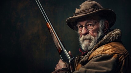 Fototapeta premium Studio shot of a mature hunter aiming with a rifle isolated on black background