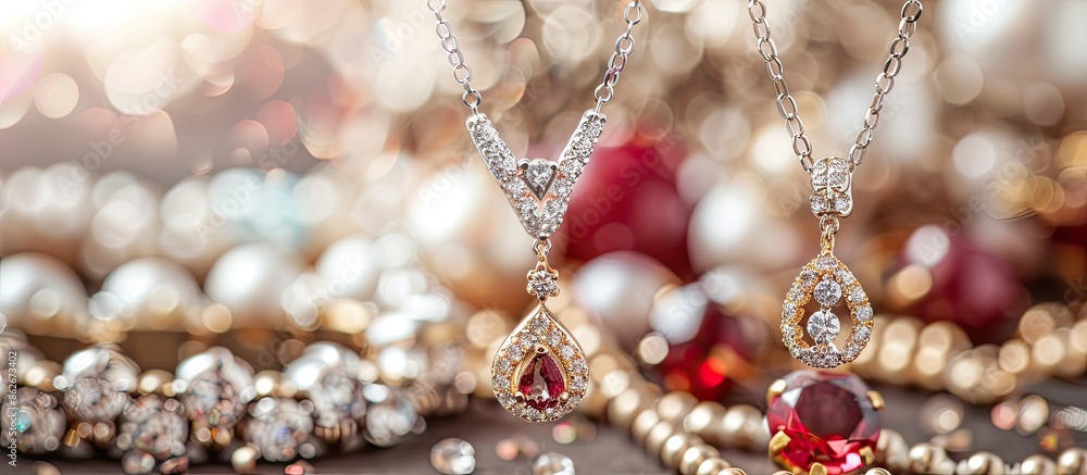 Poster jewelry displayed against a background with copy space image.