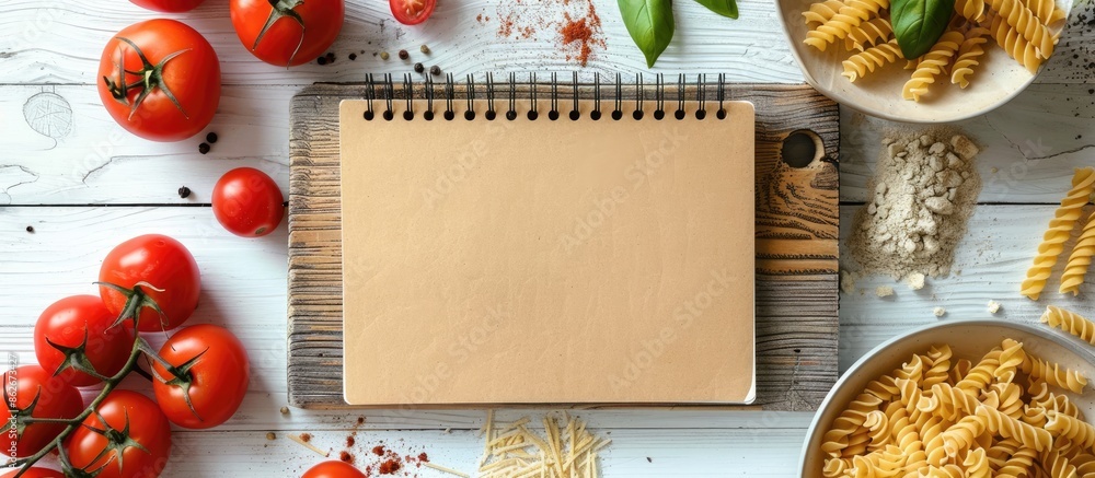 Aufkleber top-down view of a notebook on a wooden cutting board surrounded by various dry pasta and tomatoes, 
