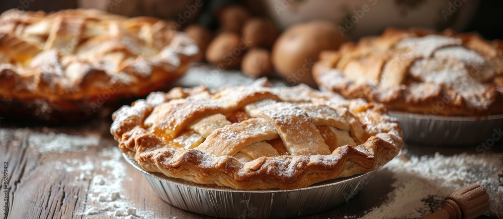 Poster close-up of homemade pies with flour, providing copy space for use as a background image.