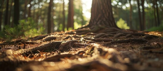 Obraz premium Detailed close-up of pine tree roots in a forest, shot from a low angle to capture the natural scenery with a blurred background, highlighting the ecological environment. Add copy space image.