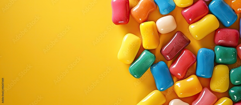 Poster various colored chewing gums displayed on a vibrant yellow backdrop with empty spaces for adding tex