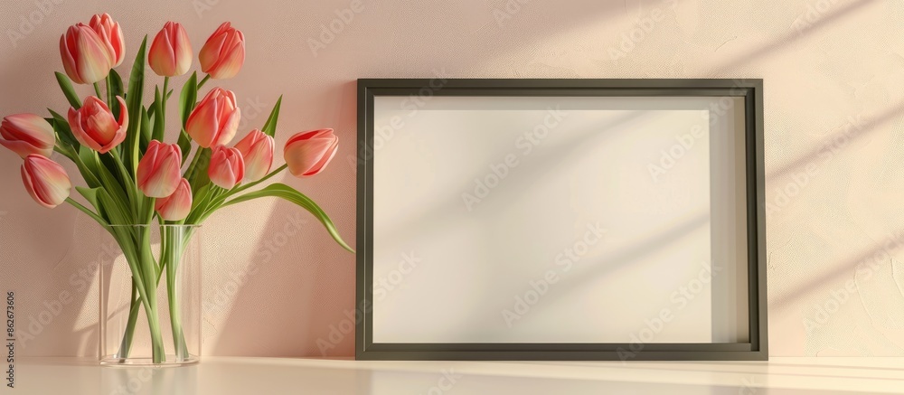 Aufkleber mockup of a horizontal picture frame featuring tulip flowers with copy space image.