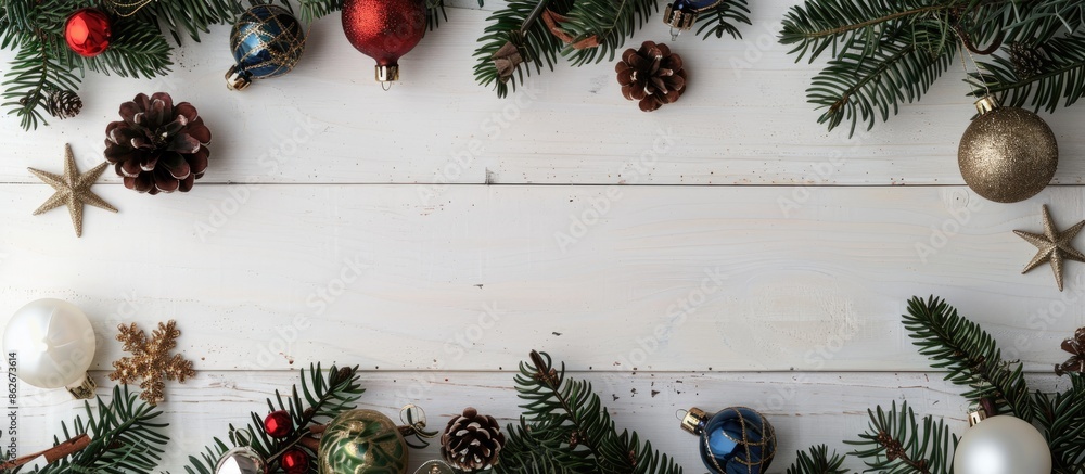 Aufkleber top view christmas ornament garland frame concept background on a white wooden table with copy space