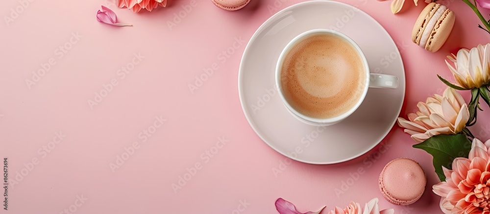 Poster minimal style flat lay image featuring a coffee cup, flowers, candle, macaroons on a pink background