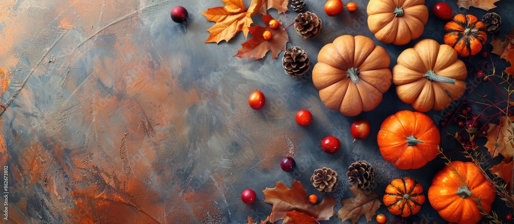Poster thanksgiving-themed setup with pumpkins, leaves, and decorations on a textured table. offers a close