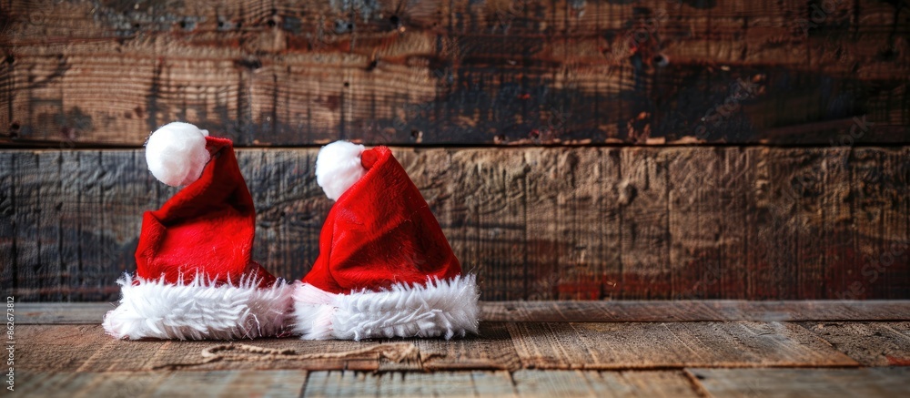 Aufkleber festive santa's helper hats displayed against a backdrop of rustic wood, evoking a cheerful ambiance
