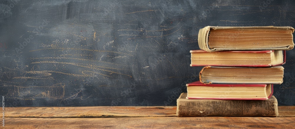 Poster A stack of books is shown against a blackboard backdrop with a 'Back to School' theme, offering a place for additional elements in the picture.