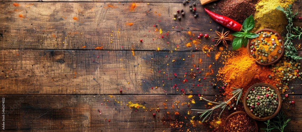 Poster top view of a wooden table featuring a variety of colorful spices with copy space image.