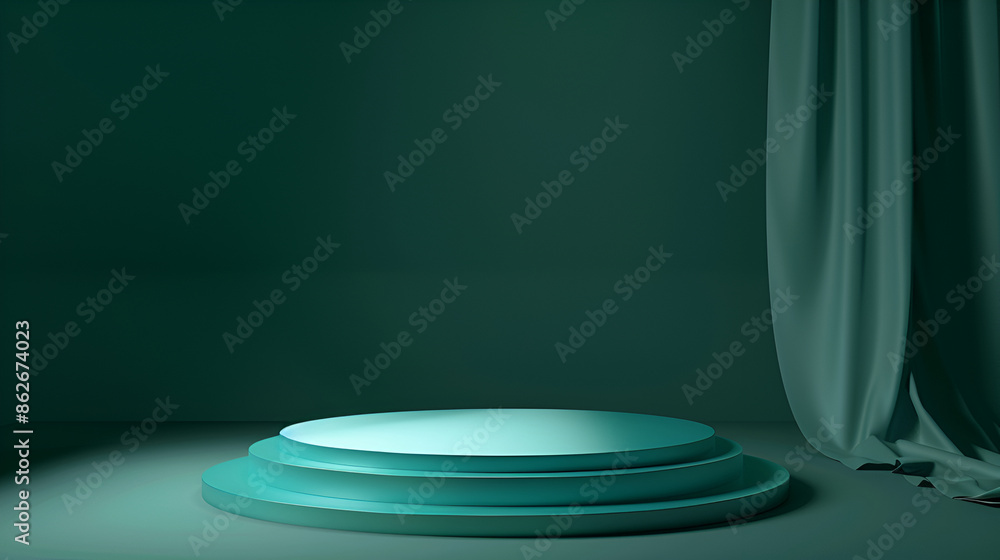 Poster cylinder for product presentation in a round room with zenithal light. 3d rendering,green podium in 