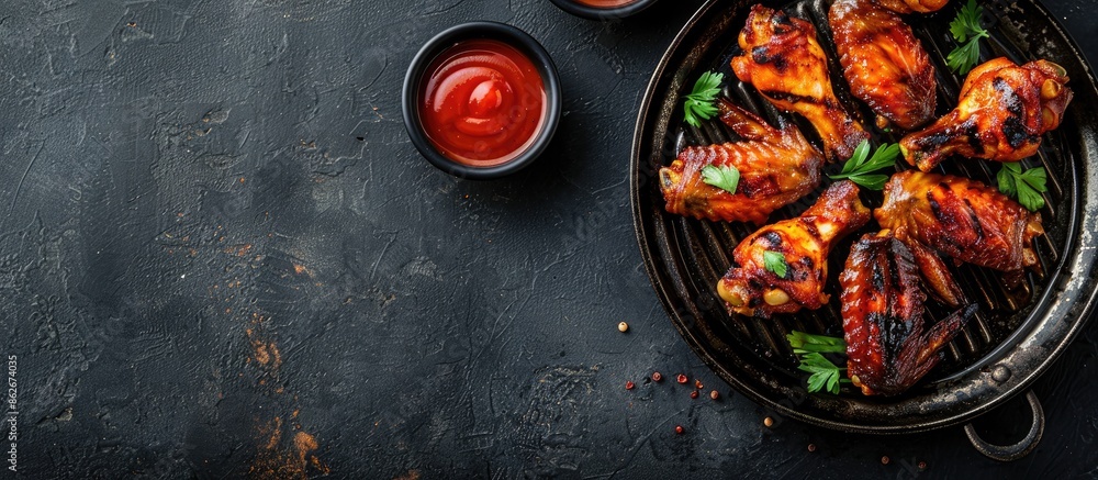 Aufkleber top-down view of grilled spicy chicken wings served on a black metal tray with ketchup, either in me