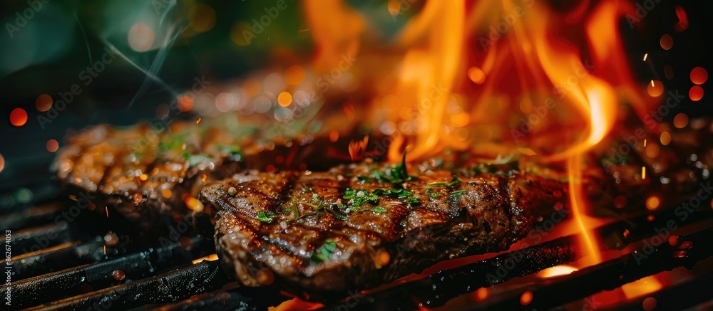 Poster copy space image of a flaming grill searing herb and spice-coated steaks with selective focus.