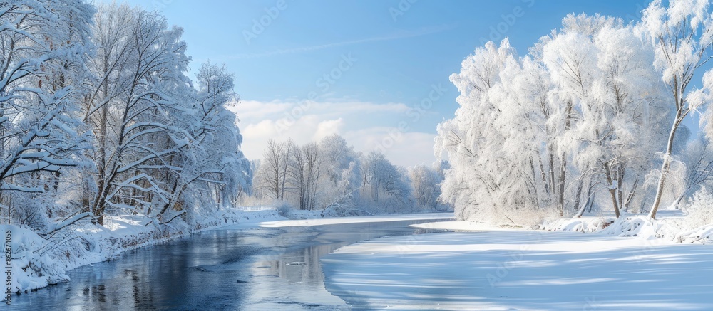 Poster a winter landscape with snow-covered trees along a river with copy space image.