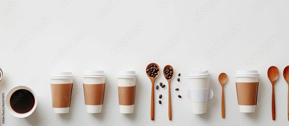Aufkleber coffee essentials like to-go cups, beans, a holder, and spoons arranged on a white backdrop with cop