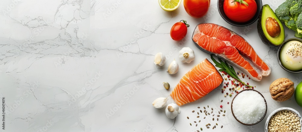 Poster Display of keto diet items on a light grey marble surface with room for text in the image. Copy space image. Place for adding text and design