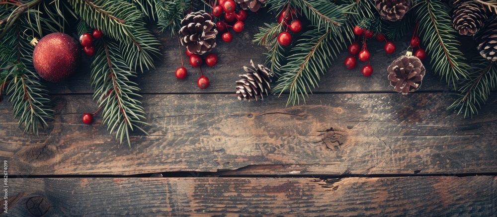 Poster Vintage retro style Christmas decorations displayed on a rustic wood background with empty space for text or copy space image.