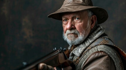 Studio shot of a mature hunter aiming with a rifle isolated on black background