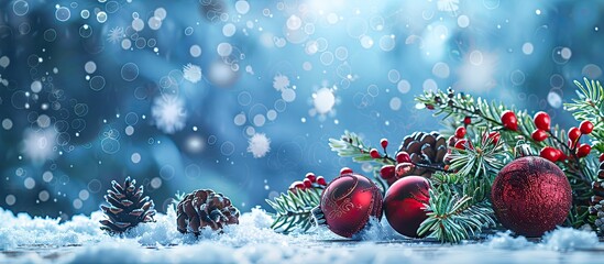 Christmas themed banner featuring red ornaments, pine cones, and branches arranged on a snowy wooden surface, set against a blue bokeh background with available copy space image.