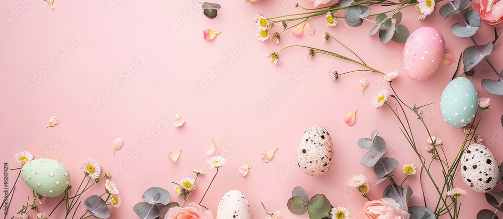 Poster vertical happy easter greeting card with a bright frame created with fresh flowers, eucalyptus twigs