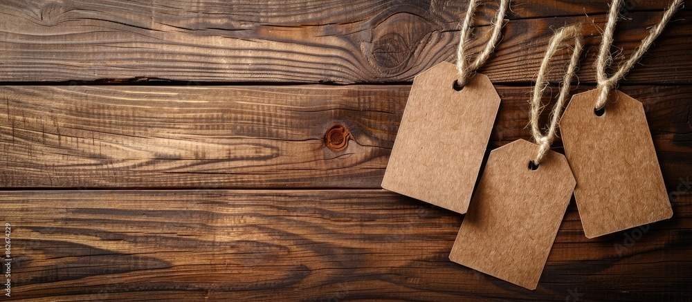 Poster wooden background adorned with paper tag labels providing copy space image.