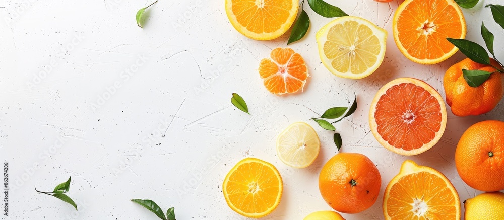 Poster Fresh and vibrant citrus fruits like grapefruit, orange, tangerine, and lemon creatively displayed on a white background with copy space image in a flat lay style viewed from the top.