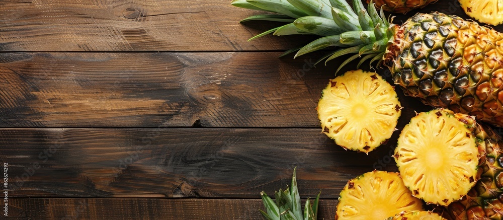Poster whole and sliced pineapple on a wooden surface with copy space image.