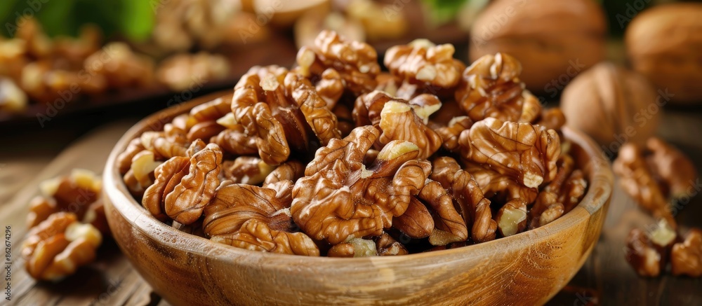 Poster Walnuts are a tasty snack option with an appealing taste, ideal for enjoying. Copy space image. Place for adding text and design