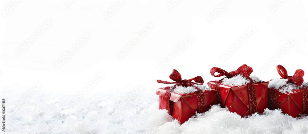 Poster Red gift boxes placed in the snow on a white backdrop with a designated area for text or images. Copy space image. Place for adding text and design