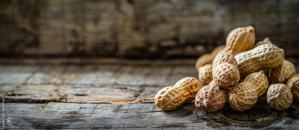 Aufkleber Fresh peanuts in shells placed on a wooden surface, set against a natural background with ample space for additional images.