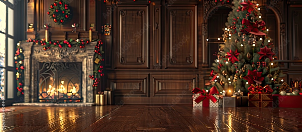 Fototapete Table background with ample copy space image for decoration, complemented by a festive fireplace adorned with a Christmas tree in the backdrop.
