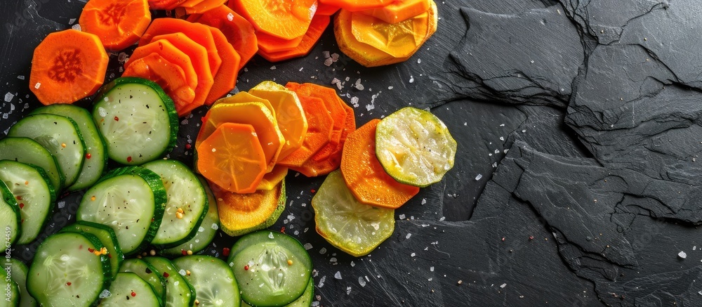 Poster aerial view of salted fresh vegetable slices on a black background, featuring copy space for inserti