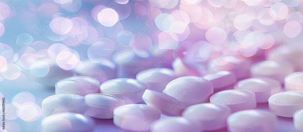 Aufkleber Close-up of pills on a white background with a soft bokeh effect, featuring a copy space image.