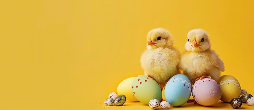 Easter chicks with painted eggs on yellow backdrop, with copy space image.