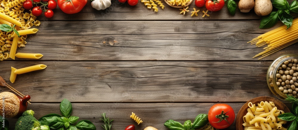 Poster wooden background with various pasta ingredients arranged around a copy space image in a top-down vi