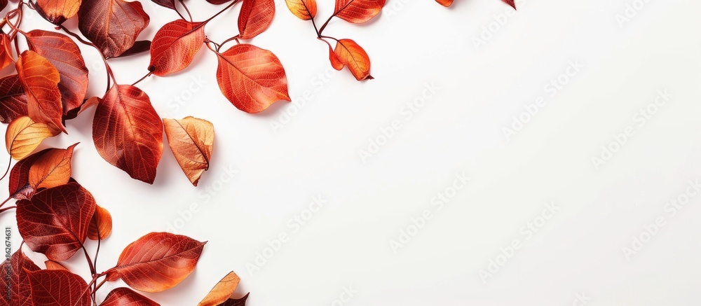 Poster fall leaves cascading over white background with ample copy space image.