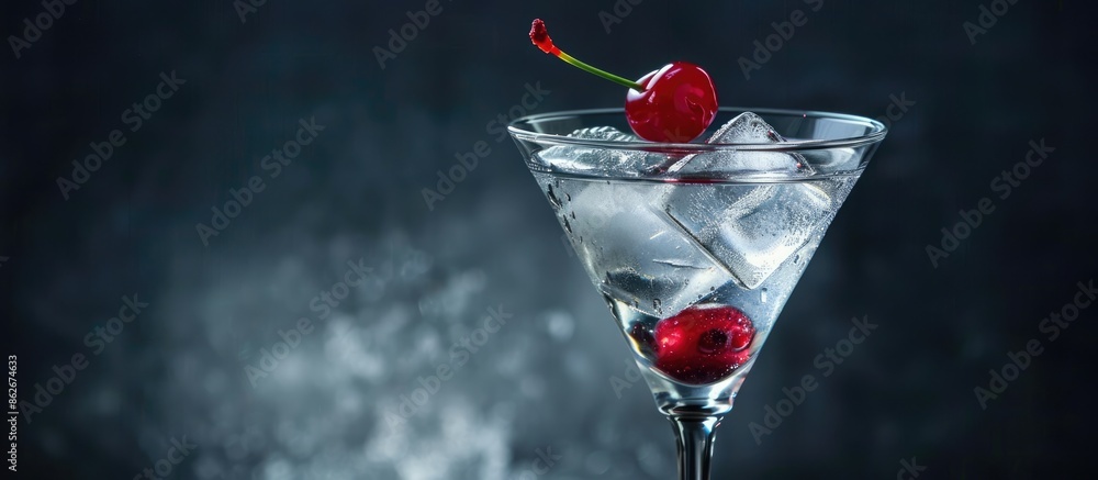 Poster an elegant side-view shot of a martini glass complete with ice cubes and a single cherry set against