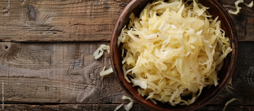 Poster close-up of delicious homemade fermented cabbage on a wooden surface with copy space image.
