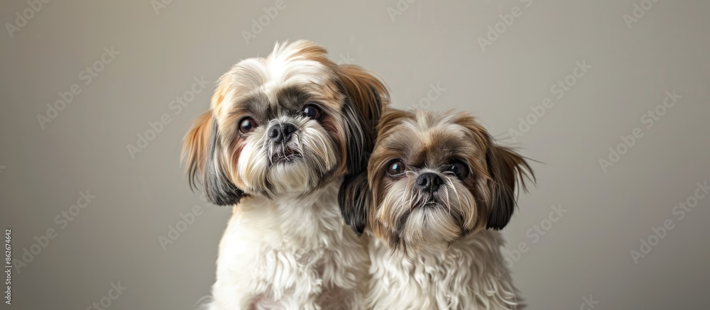 Poster a studio shot of two shih tzu dogs on a grey backdrop with copy space image.