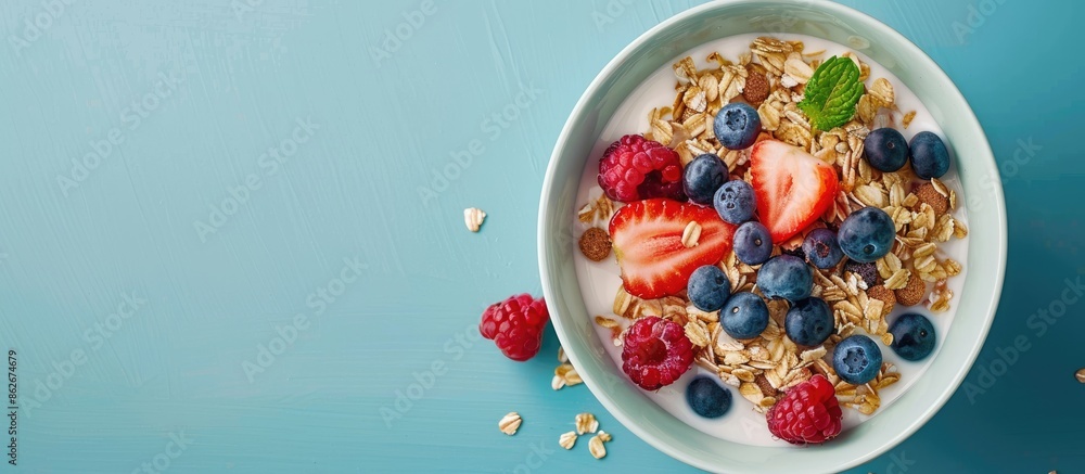 Poster nutritious breakfast option: muesli with milk and berries, shown in the copy space image.