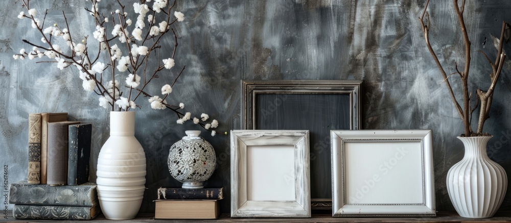 Poster A room table displays photo frames with a vase, providing a visually appealing and inviting scene with copy space image potential.