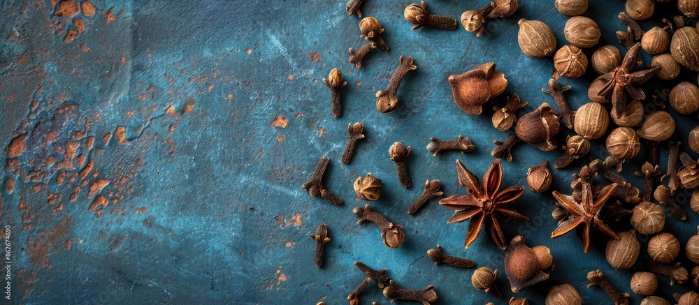 Aufkleber on the right, brown whole clove grains rest on a blue backdrop in a side view copy space image, show