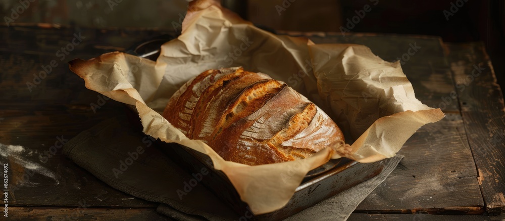 Poster a rustic sourdough bread loaf placed in a square metal baking pan with parchment paper, set on a dar