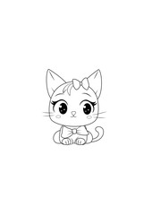 cute cat. Hand drawn illustration, Black and white with transparent background, line art illustration. Idea for coloring picture, typography vector, print for t-shirt.