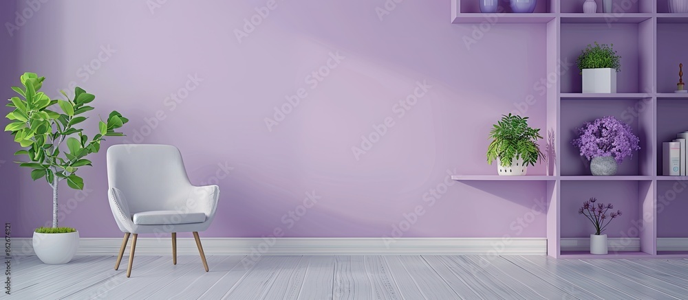 Poster a shelving unit with accessories and a chair placed by a lilac wall in an interior setting with plen