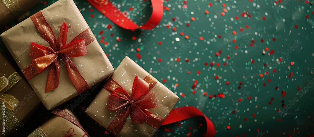 Poster close-up view of christmas presents with red ribbons, confetti, on a green backdrop with copy space 