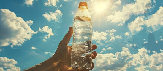 Male hand holding a transparent plastic bottle filled with water against a sunny sky, featuring a full corked glass bottle nearby, offering empty copy space image.