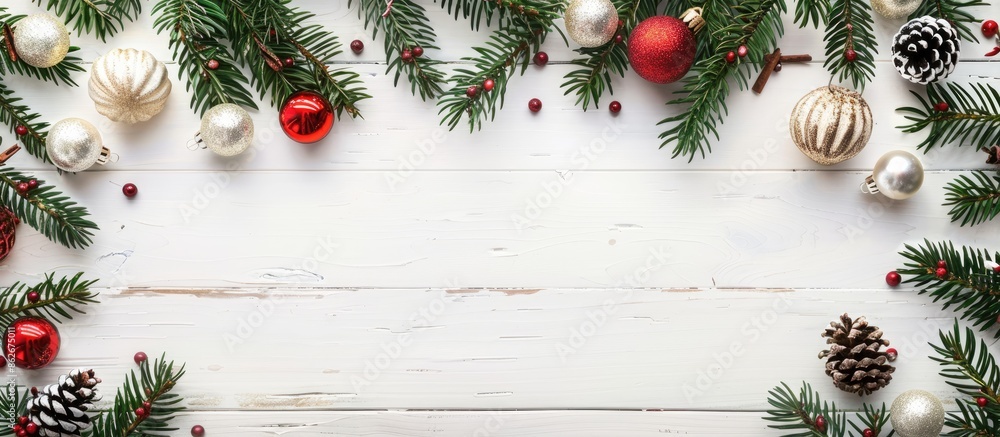 Aufkleber top view christmas ornament garland frame concept background on a white wooden table with copy space