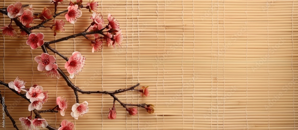Poster copy space image of a cherry blossom branch above a bamboo mat.