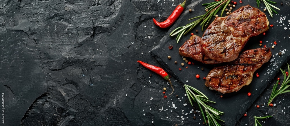 Leinwandbilder A sizzling steak seasoned with spices, displayed on a stone backdrop, with room for text in the image. Copy space image. Place for adding text and design
